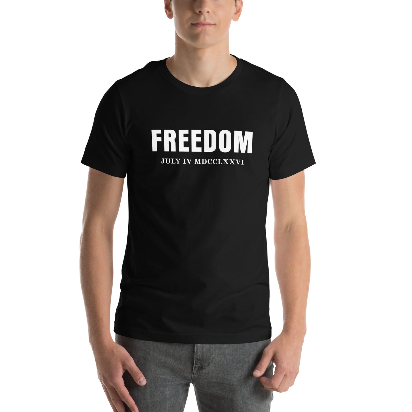 Proud American wearing patriotic freedom T-shirt outdoors