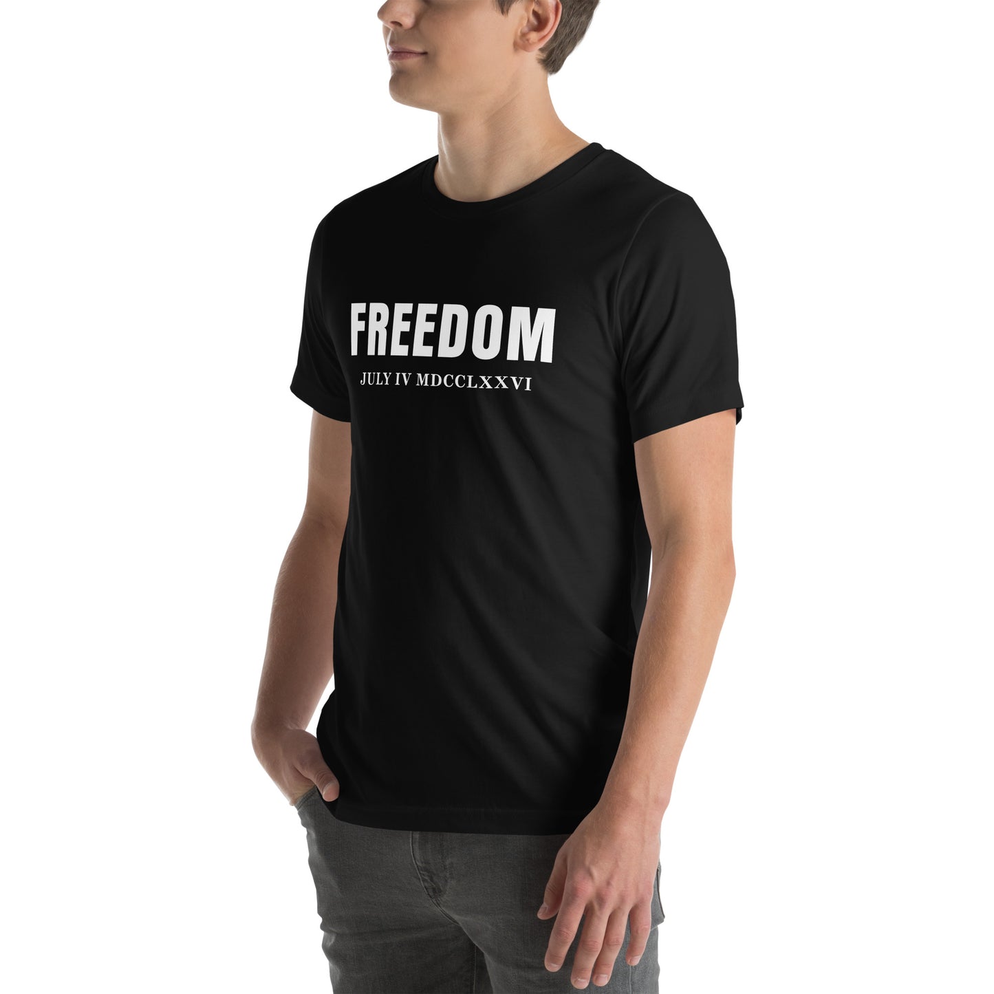 Proud American wearing patriotic freedom T-shirt outdoors